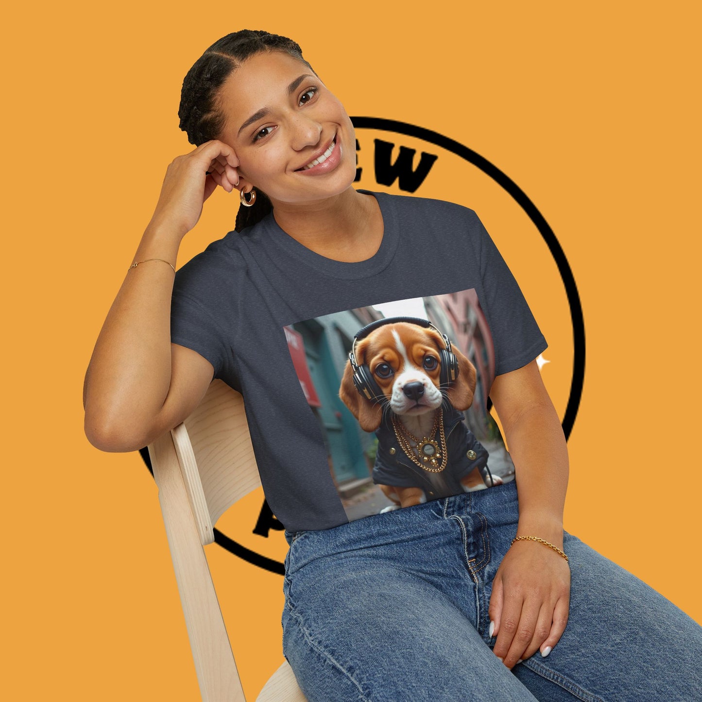 Hip Hop Beagle Dog T-Shirt - Cool Puppy with Headphones & Gold Chains Graphic Tee