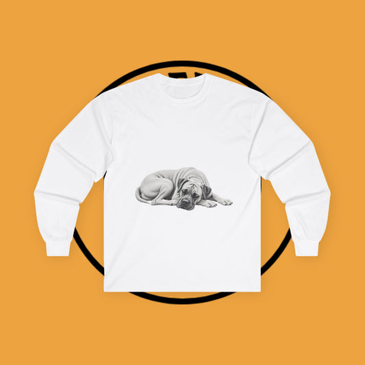 Sleepy Boxer Portrait Long Sleeve Tee - Realistic Pencil Art Relaxed Dog Shirt