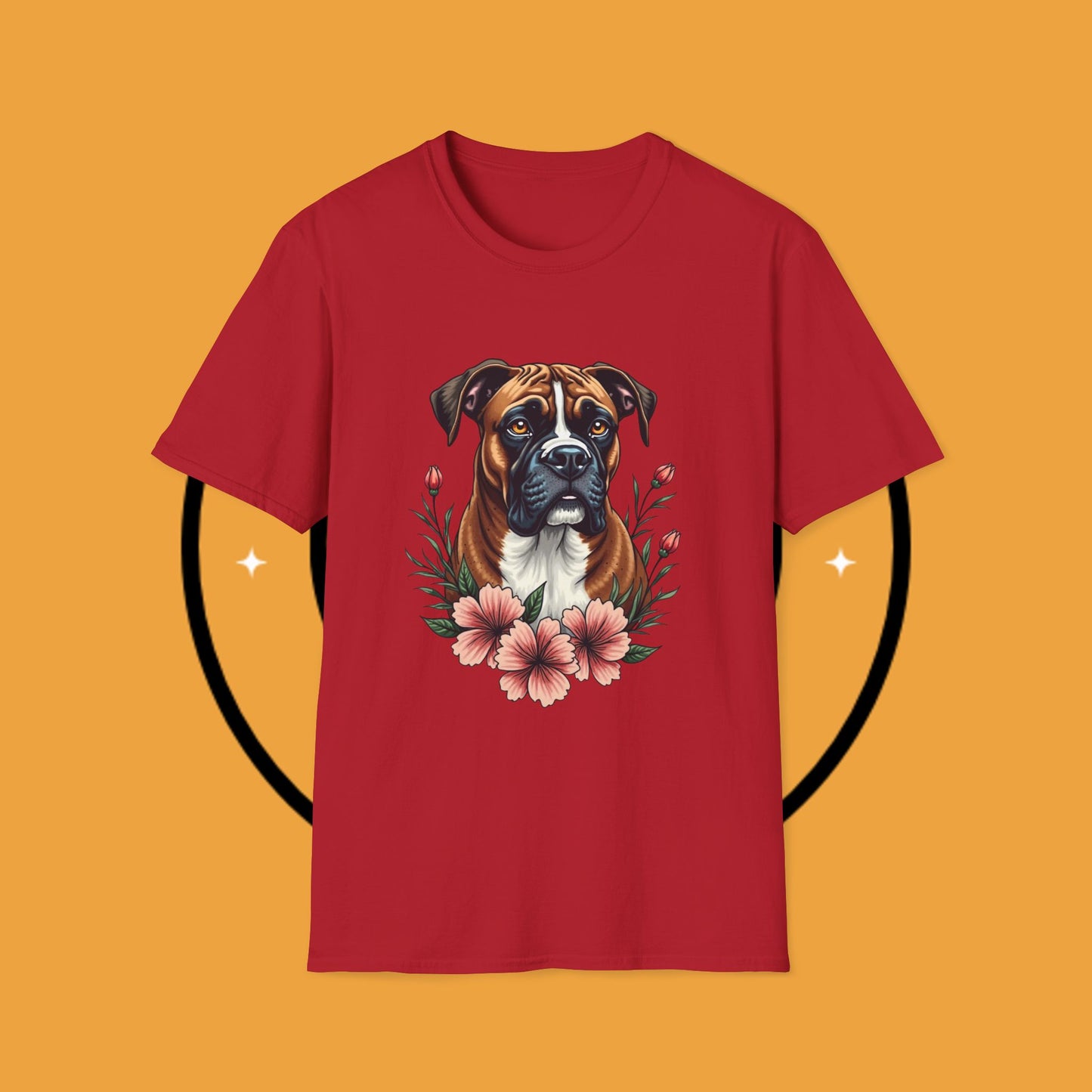 Boxer Dog Floral Portrait T-Shirt - Elegant Botanical Art Design Tee for Dog Lovers