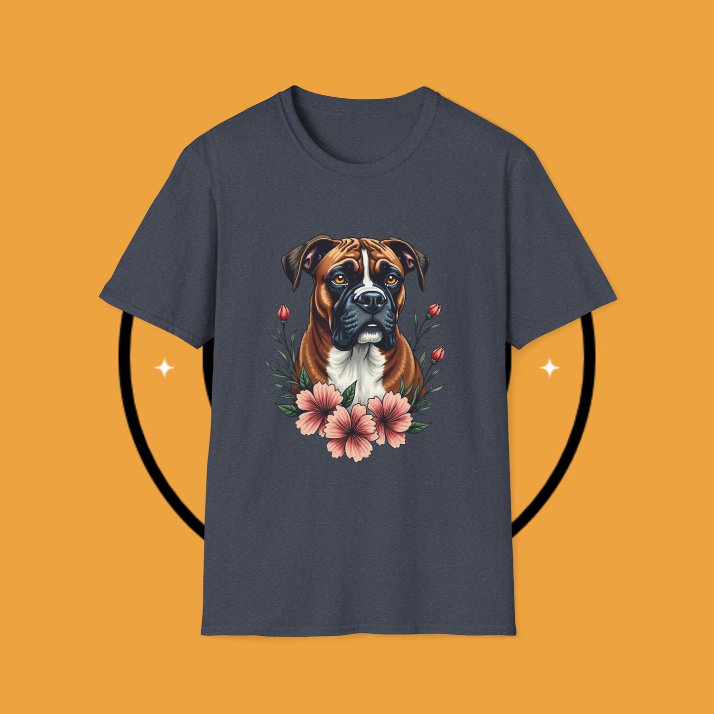Boxer Dog Floral Portrait T-Shirt - Elegant Botanical Art Design Tee for Dog Lovers