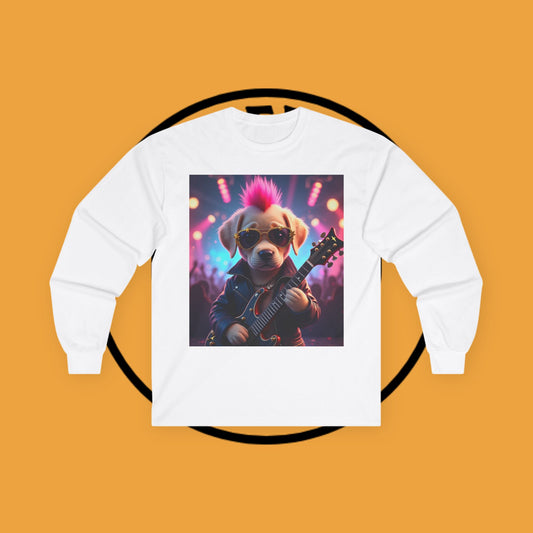 Long Sleeve T-Shirt - Punk Puppy with Electric Guitar - Design for Music Lovers Rockin' -  Dog with Electric Guitar and Pink Mohawk - 🎸🐾