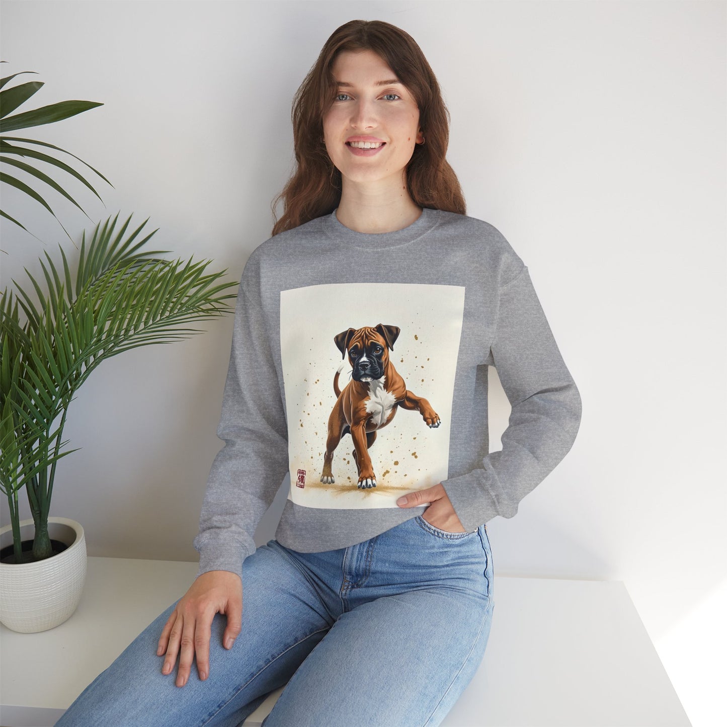 Running Boxer Puppy Crewneck Sweatshirt | Artistic Dog Lover Gift | Dynamic Movement Design