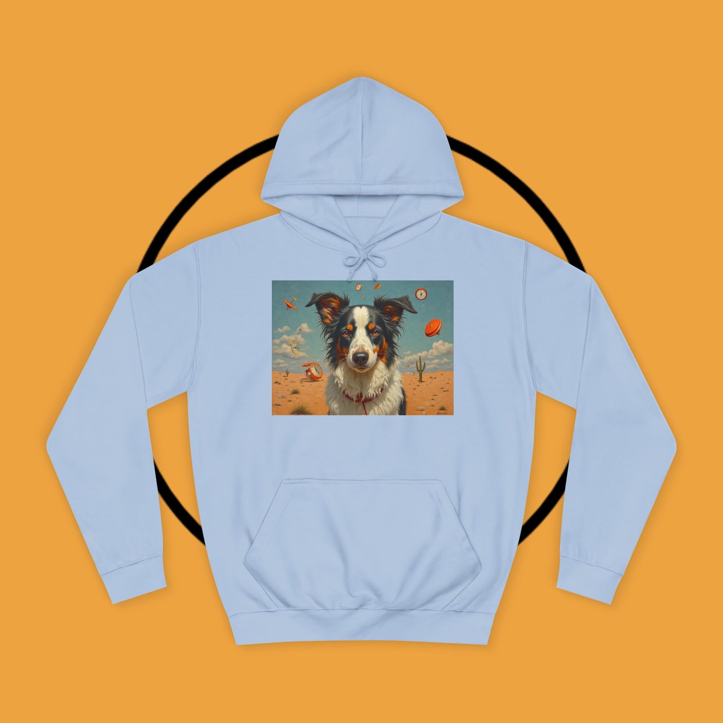 "Surreal Border Collie Time Desert Hoodie - Flying Clocks Artistic Dog Sweatshirt | Dreamlike Fantasy Design"
