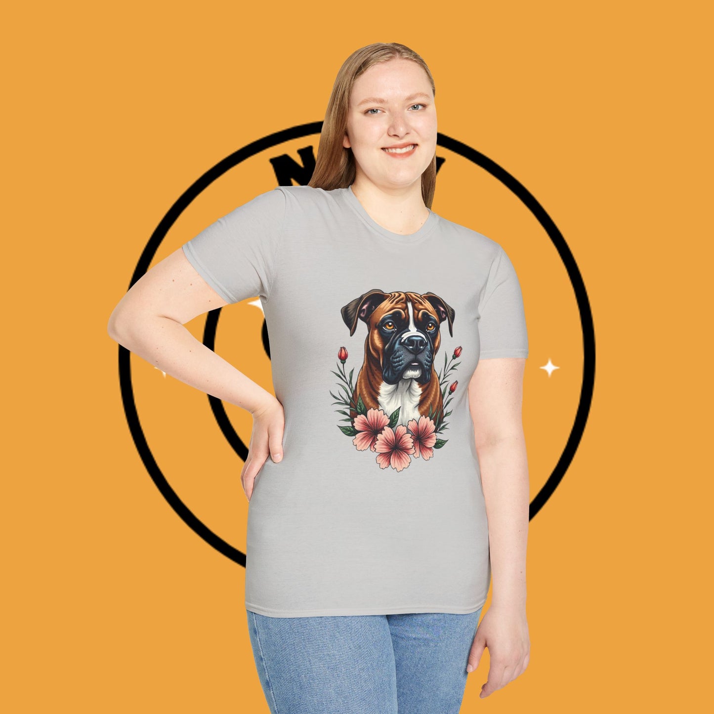 Boxer Dog Floral Portrait T-Shirt - Elegant Botanical Art Design Tee for Dog Lovers