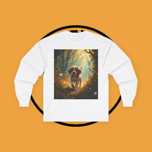 Magical Forest Beagle Puppy with Autumn Leaves and Butterflies Long Sleeve Tee