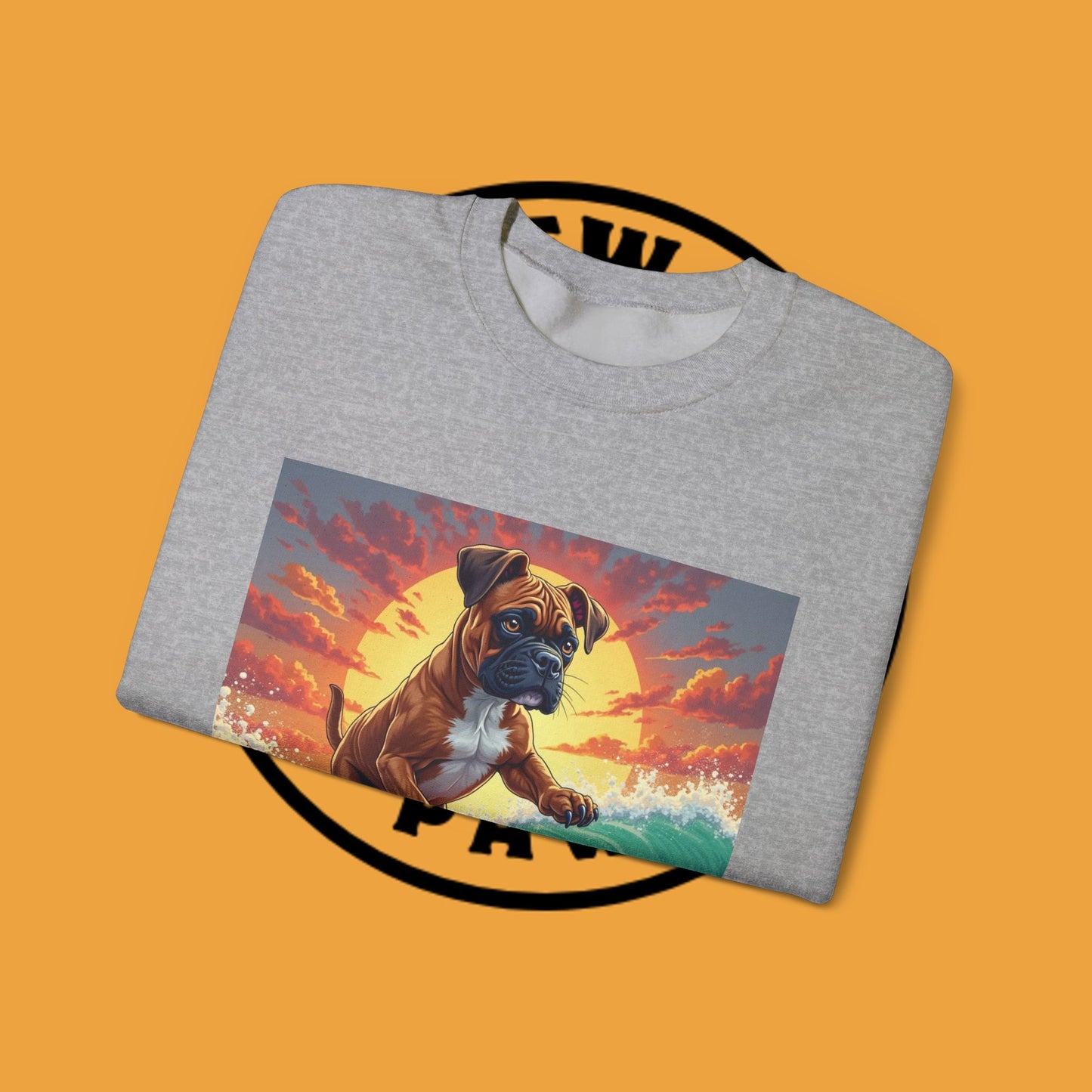 Surfing Boxer Dog Crewneck Sweatshirt | Funny Beach Surfer Gift | Epic Wave Riding Pup Design