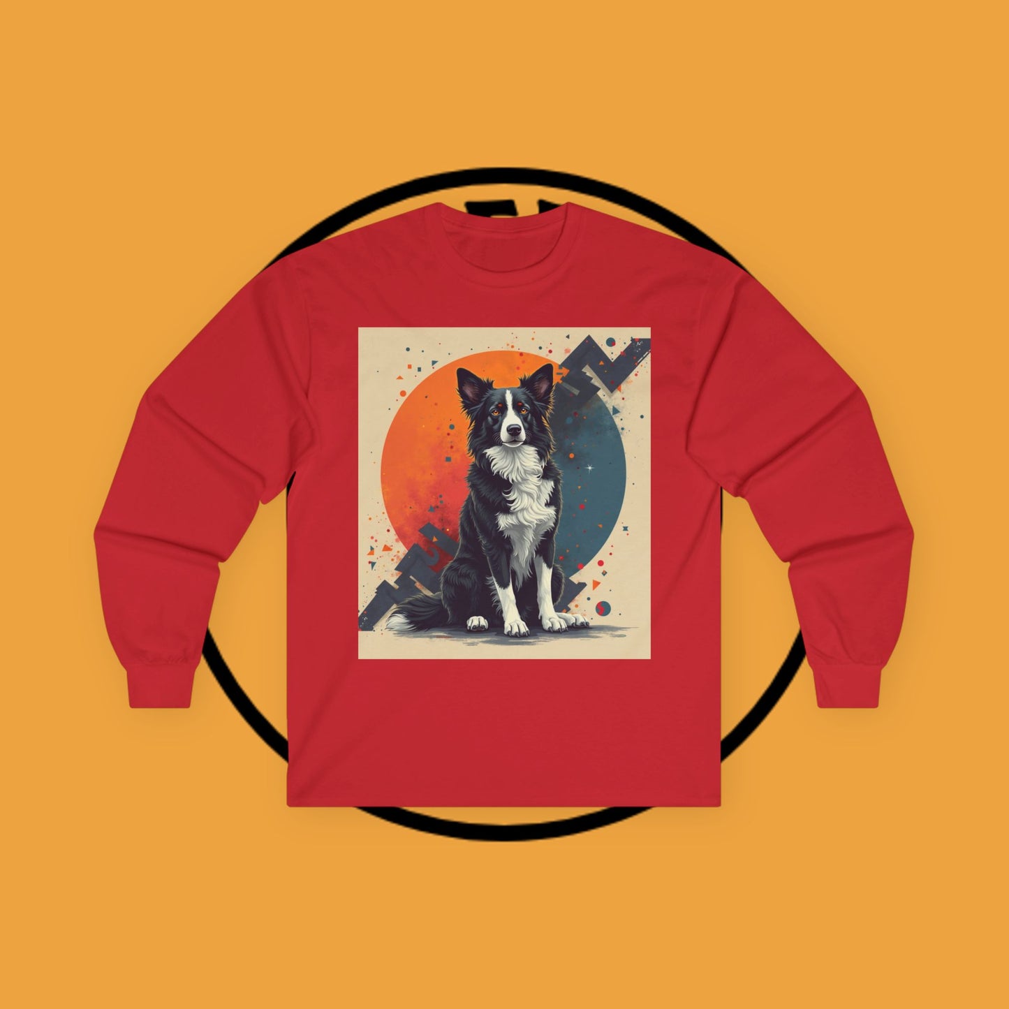Retro Border Collie Long Sleeve Tee - Vintage Abstract Dog Art Shirt | Mid-Century Pet Apparel