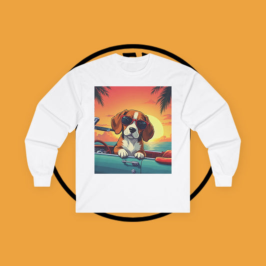 Cool Beagle Dog Sunglasses Vintage Car Long Sleeve Beach Tee
