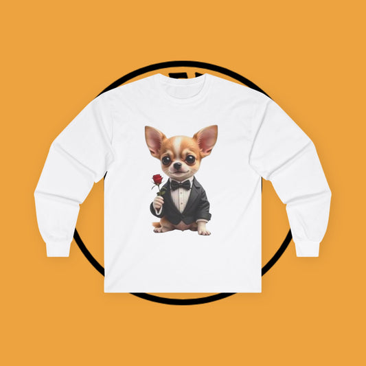 🌹 Gentleman Chihuahua Long Sleeve Tee - Dapper Dog in Tuxedo Design