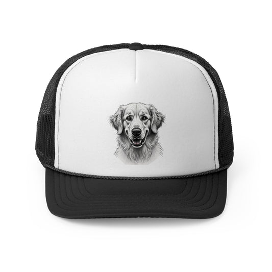 Happy Dog Trucker Cap Black and White - Realistic Sketch Art Design - Unisex Classic Cap