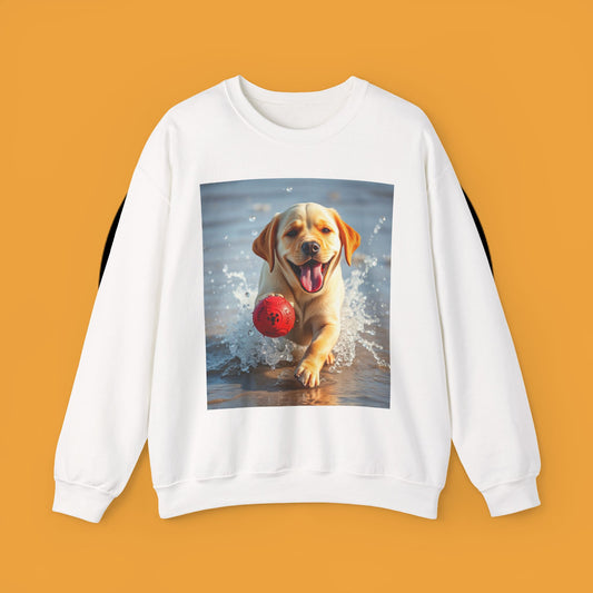Unisex Dog Lover Crewneck Sweatshirt Labrador Puppy Playing with a Ball on the Beach - Photo of a Happy Dog Running in the Water