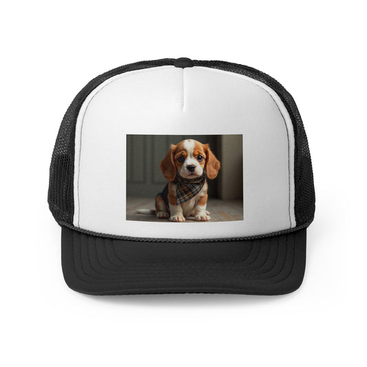 Stylish Beagle Puppy with Plaid Bandana Trucker Hat - Premium Dog Lover Cap - Adorable Dog Lover Unisex Cap