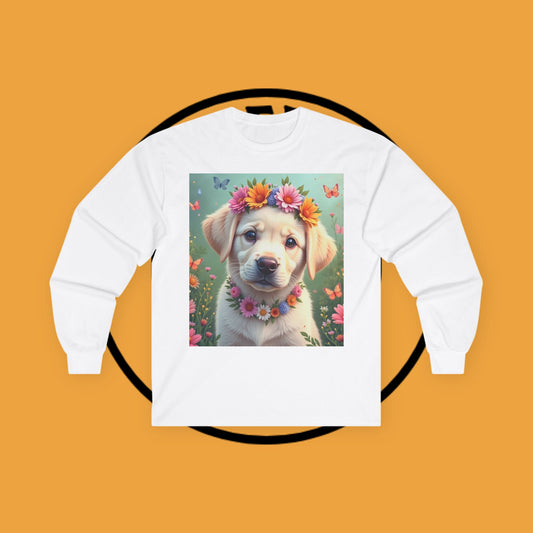 Boho Floral Design for Nature Lovers - Puppy with Flower Crown and Butterflies - Long Sleeve T-Shirt for Nature and Pet Lovers 🌸🦋