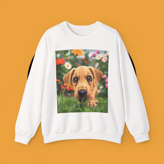 Unisex Dog Lover Crewneck Sweatshirt - Cute puppe with big eyes in floral garden