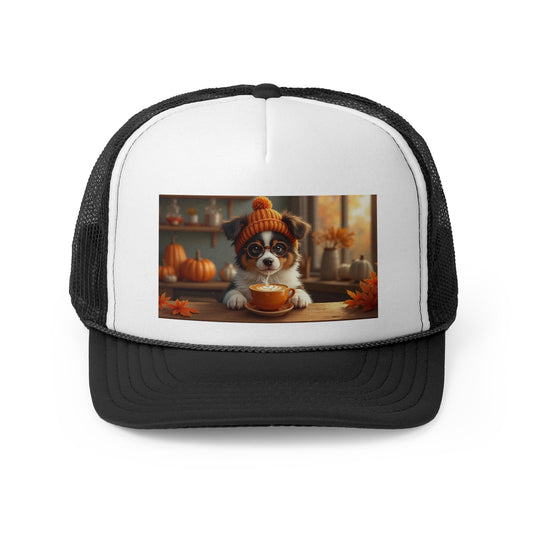 Autumn Cozy Dog Trucker Hat - Cute Puppy Coffee Lover Cap - Fall Vibes Baseball Hat