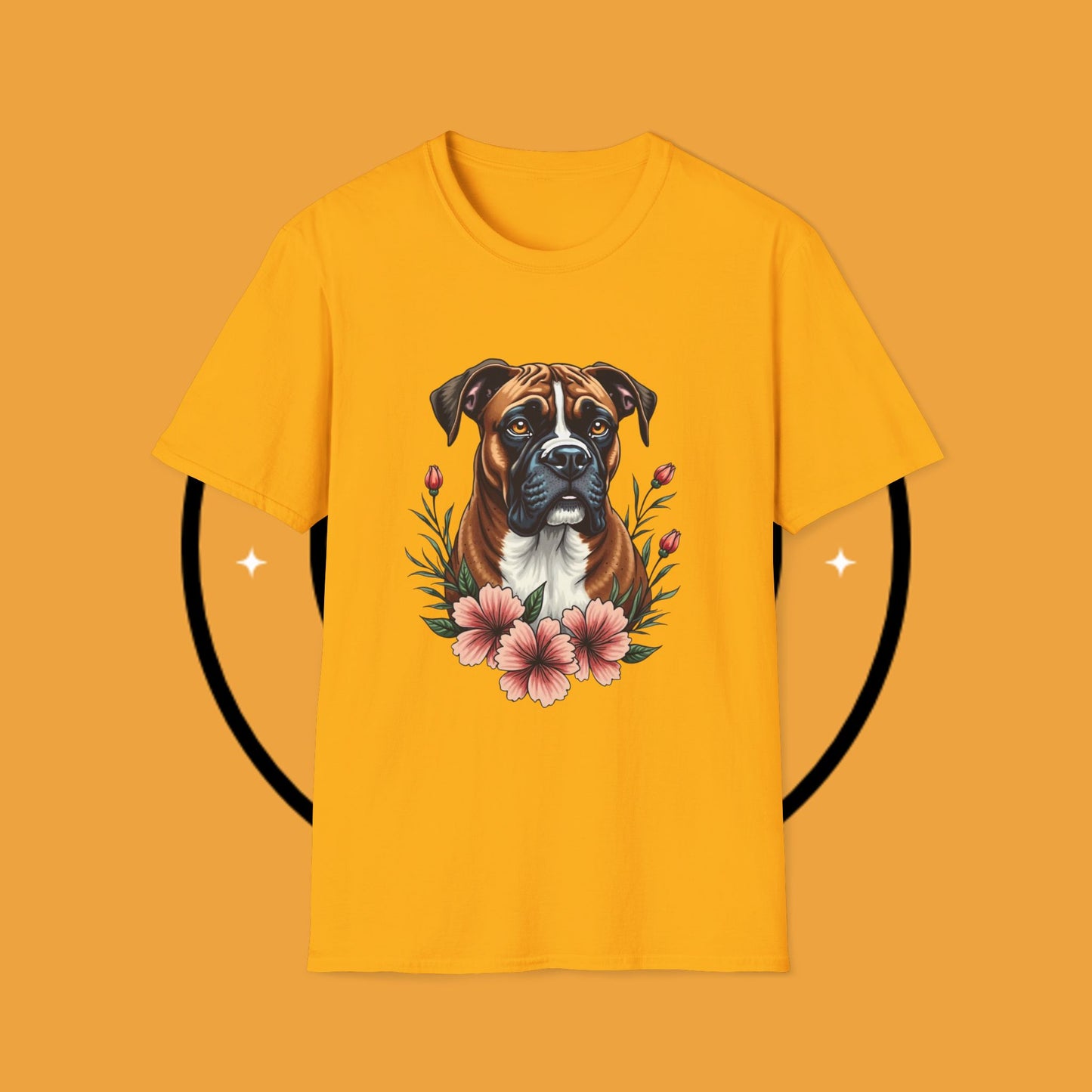 Boxer Dog Floral Portrait T-Shirt - Elegant Botanical Art Design Tee for Dog Lovers