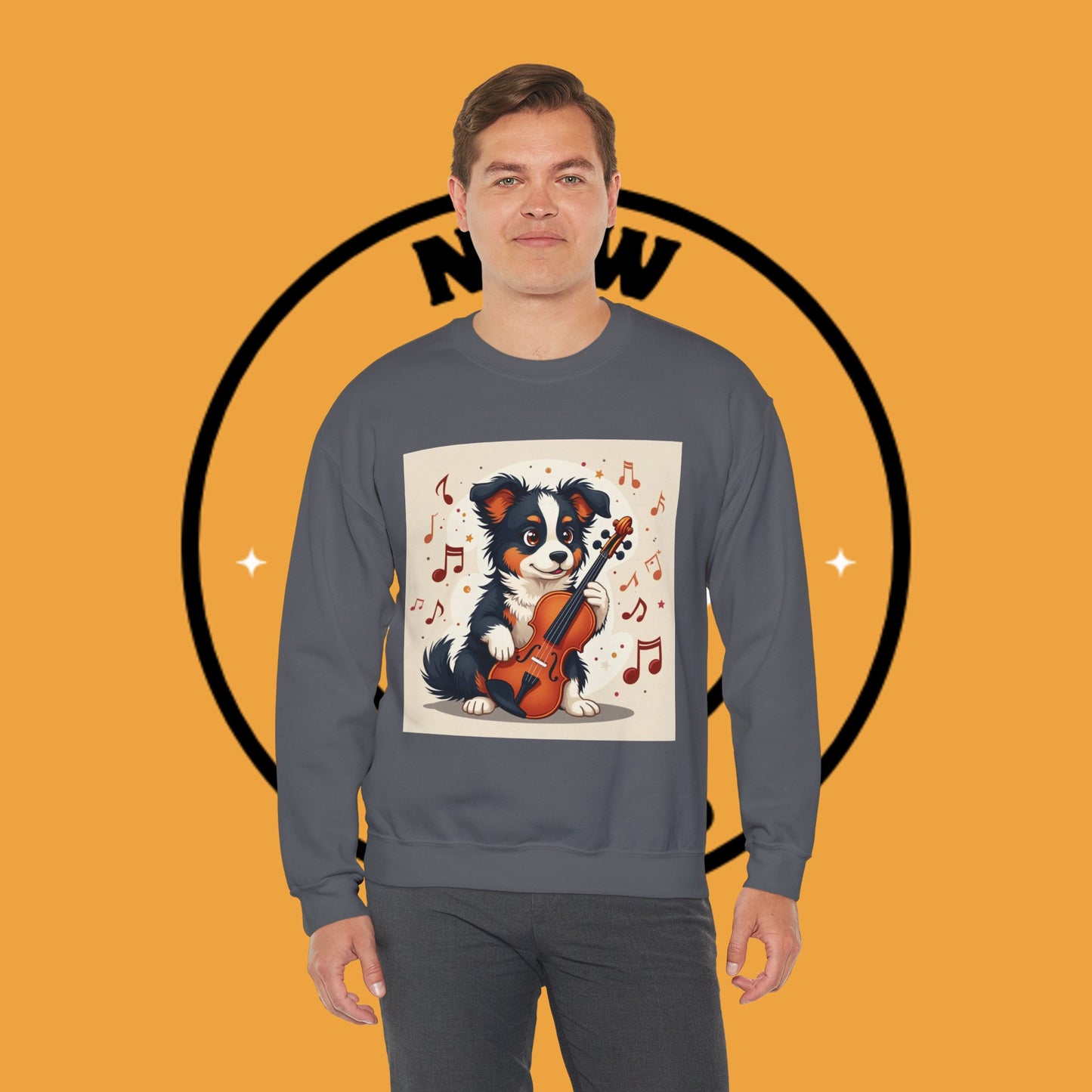 Music Dog Crewneck Sweatshirt - Cute Puppy Violinist with Musical Notes Design | Musician Gift