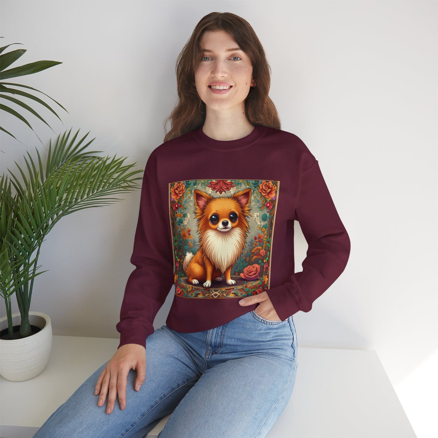 Victorian Chihuahua Garden Sweatshirt | Ornate Floral Dog Portrait | Botanical Pet Art Design