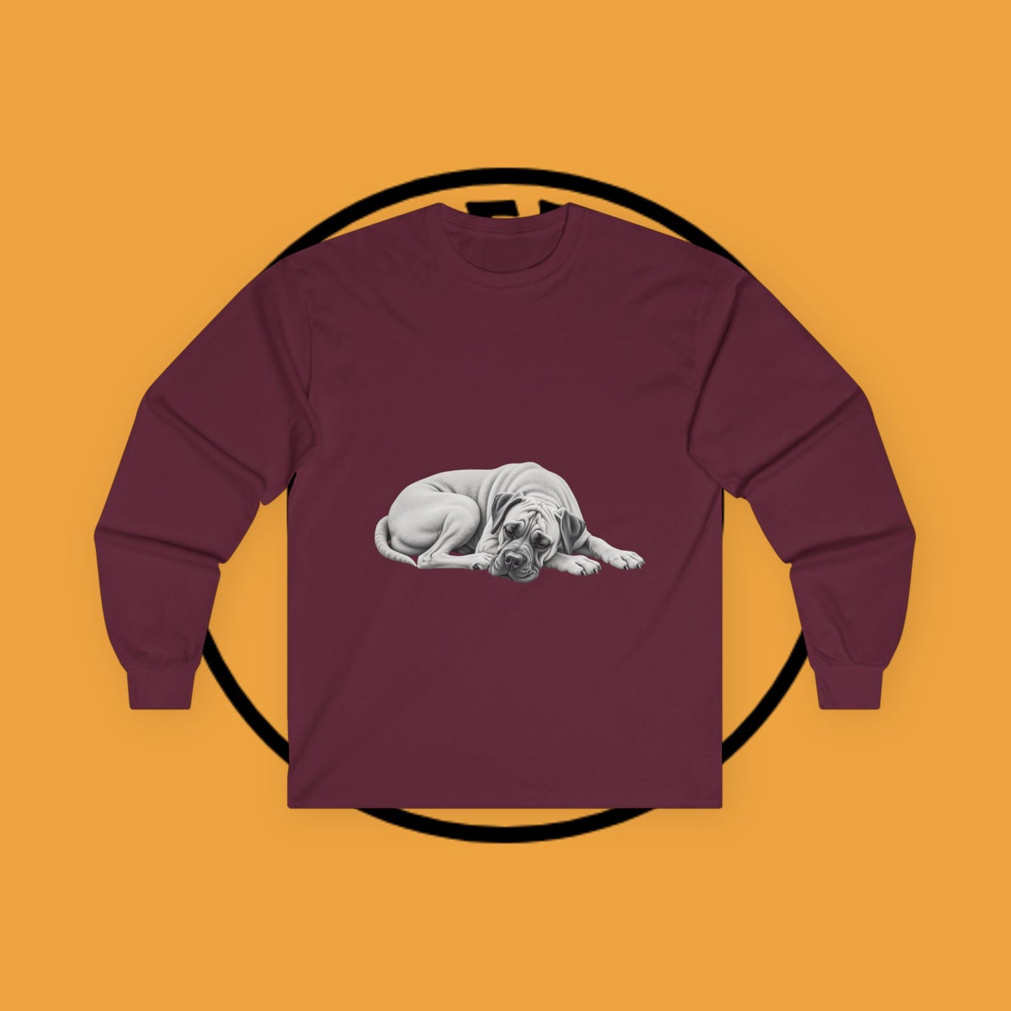 Sleepy Boxer Portrait Long Sleeve Tee - Realistic Pencil Art Relaxed Dog Shirt