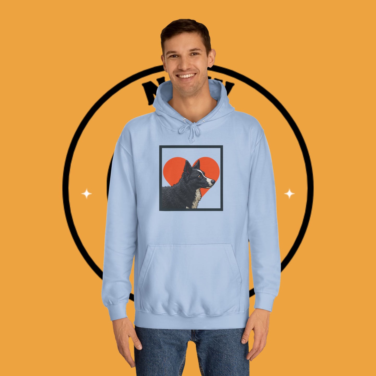 "Black & White Border Collie Portrait Hoodie - Bold Red Heart Background Dog Lover Sweatshirt | Premium Art Design"