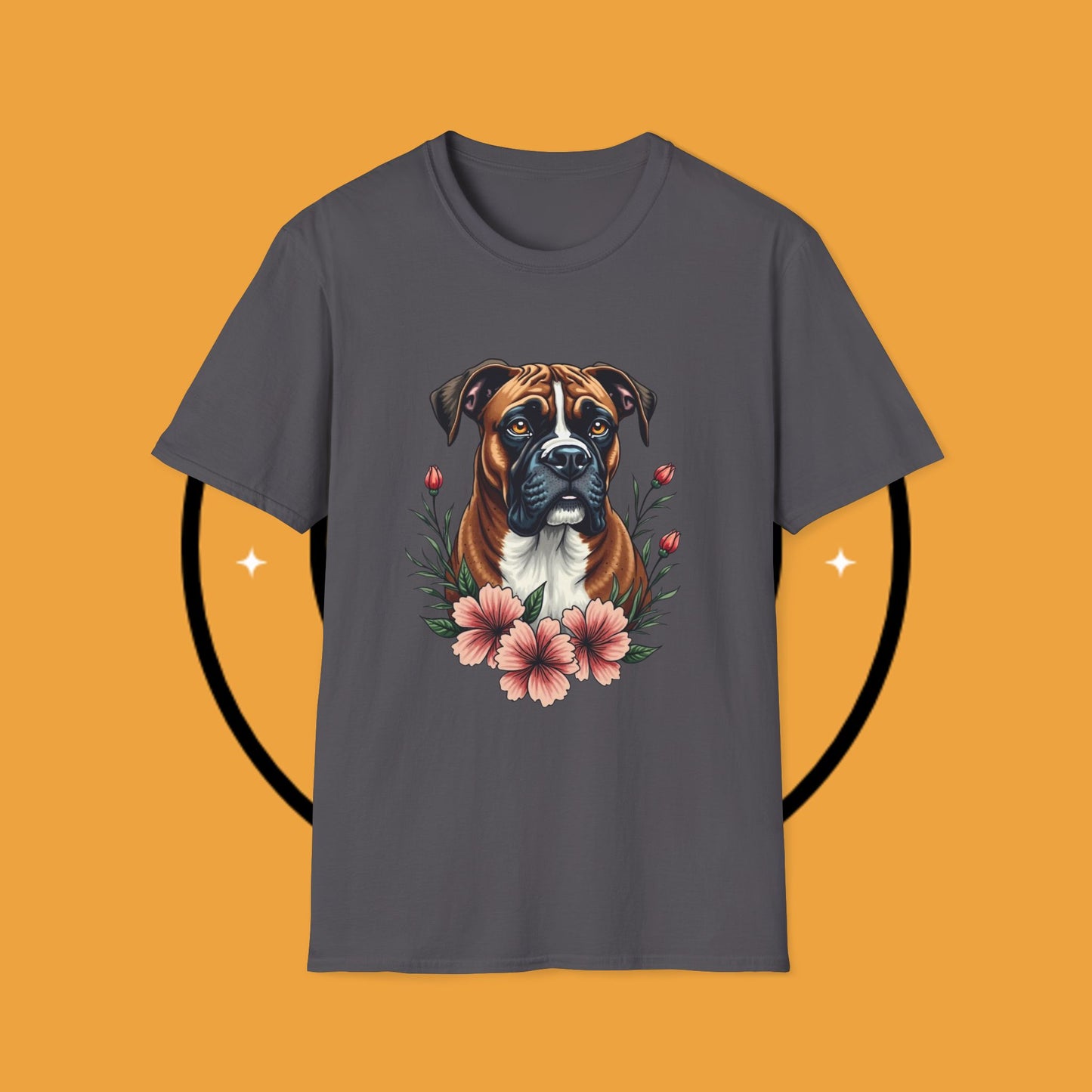 Boxer Dog Floral Portrait T-Shirt - Elegant Botanical Art Design Tee for Dog Lovers