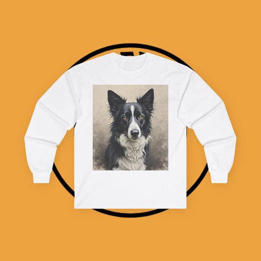 Realistic Border Collie Portrait Long Sleeve Tee - Black & White Dog Art Shirt | Premium Pet Apparel