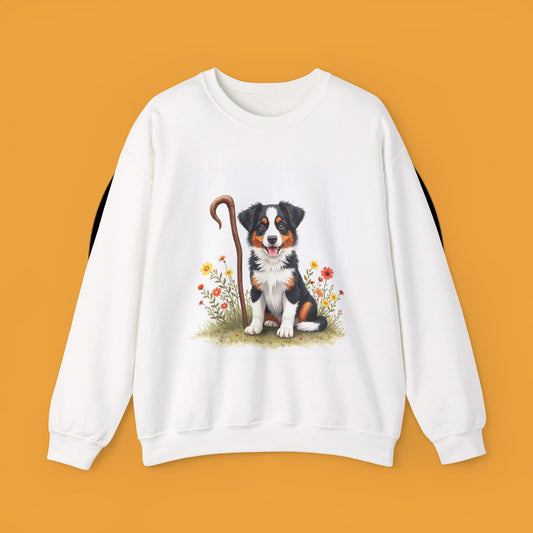 Border Collie Puppy Shepherd's Crook Crewneck Sweatshirt - Pastoral Dog Art | Farm Life Gift