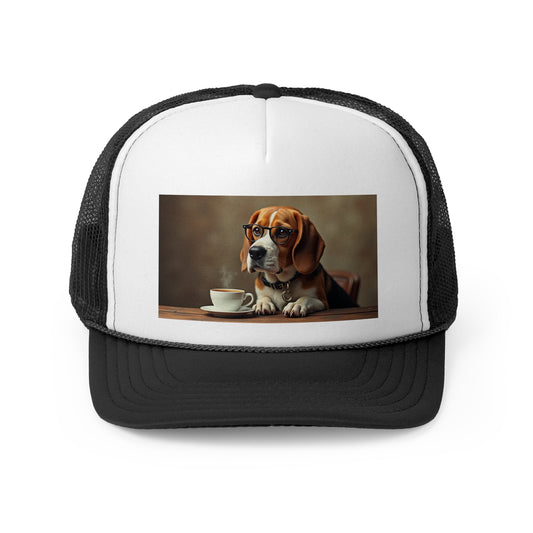 Smart Beagle with Glasses and Coffee Trucker Hat - Intellectual Dog Lover Cap - Adorable Dog Lover Unisex Cap