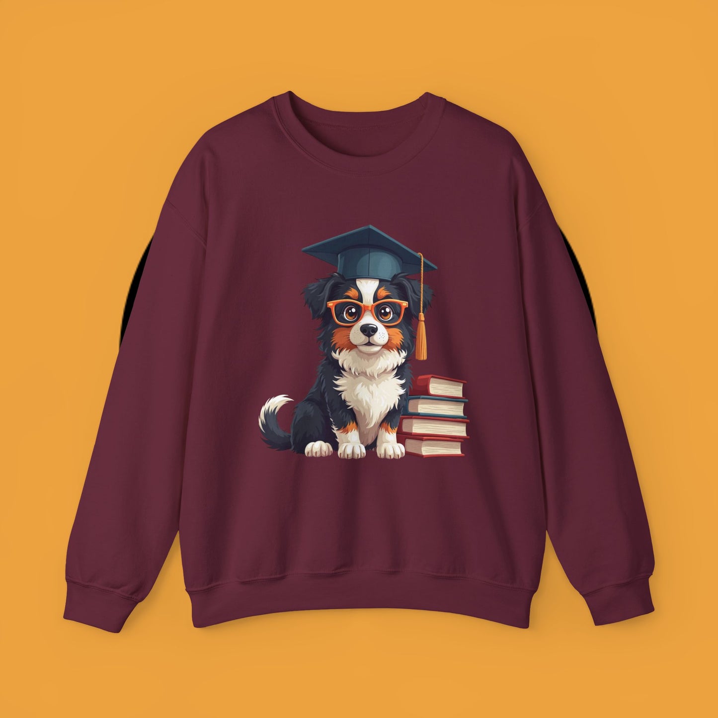 Graduation Dog Crewneck Sweatshirt - Smart Puppy Graduate Cap Books | Academic Achievement Gift