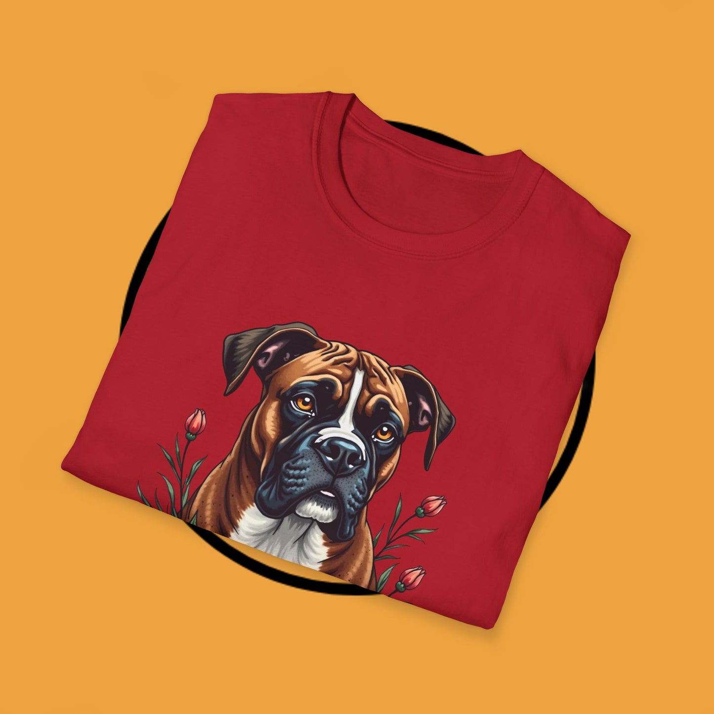 Boxer Dog Floral Portrait T-Shirt - Elegant Botanical Art Design Tee for Dog Lovers