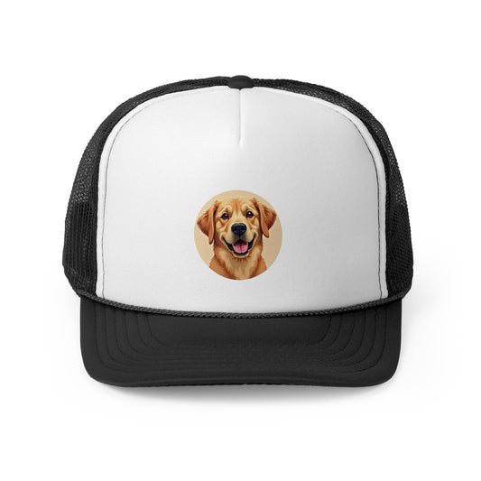 Happy Golden Retriever Trucker Cap - Circular Digital Illustration - Unisex Golden Cheerful Cap