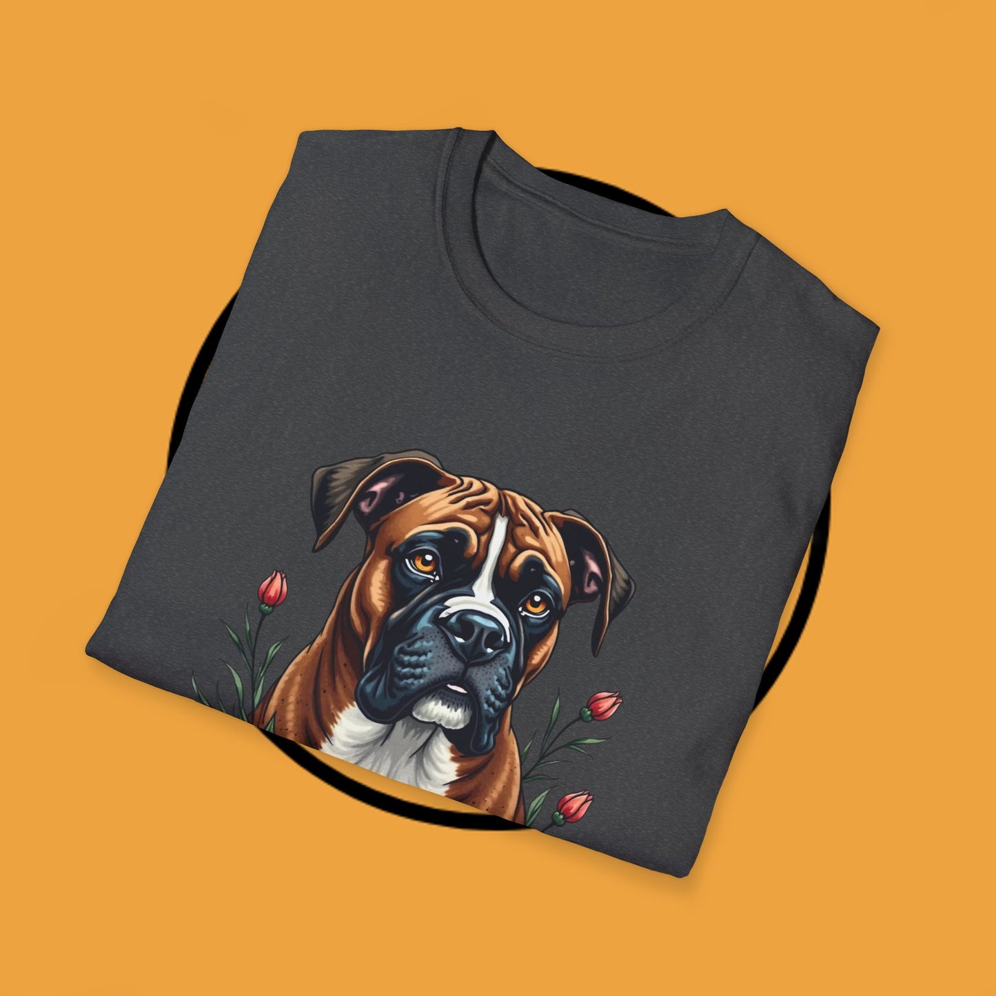Boxer Dog Floral Portrait T-Shirt - Elegant Botanical Art Design Tee for Dog Lovers