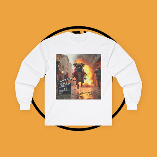 Action Hero Puppy Movie Set Long Sleeve Tee - Hollywood Dog Explosion Scene Shirt