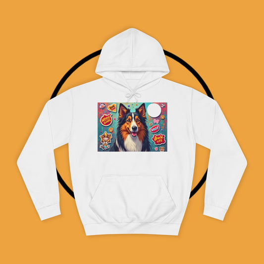 "Dog Sticker Pack Hoodie - Vibrant Collie with Fun Dog Patches Design | Millennial Pet Lover Streetwear"