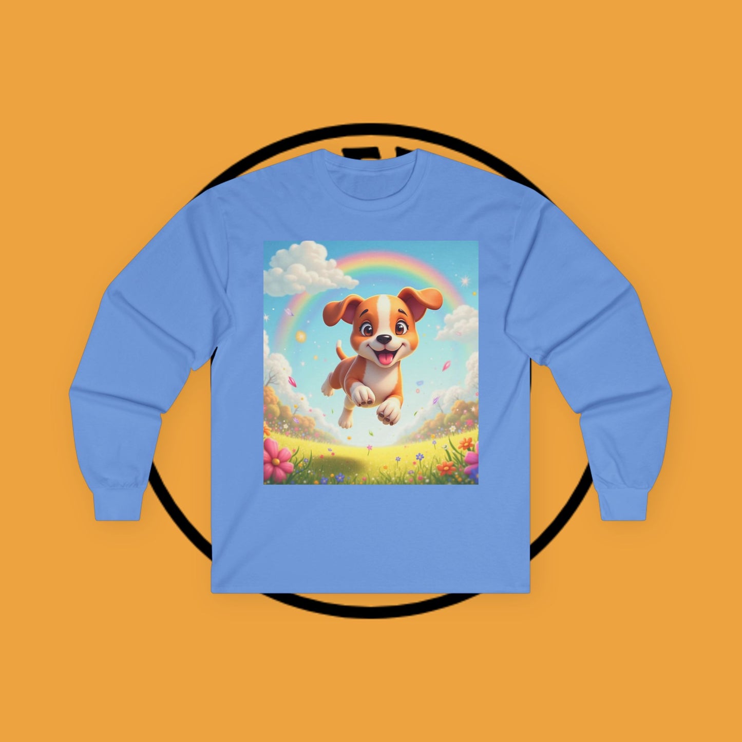 Happy Puppy Rainbow Jumping Spring Flowers Long Sleeve Shirt