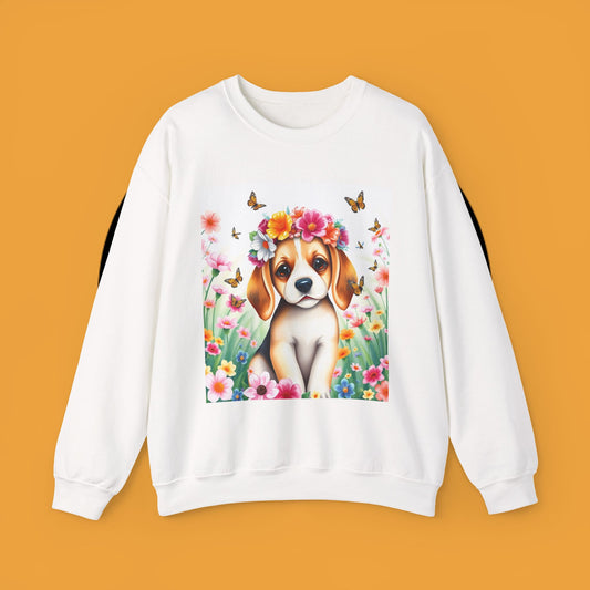 Flower Wreath Dog Crewneck Sweatshirt - Spring Beagle Design with Butterflies