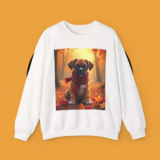 Cute Boxer Puppy Autumn Crewneck Sweatshirt | Fall Dog Lover Gift | Cozy Plaid Scarf Design