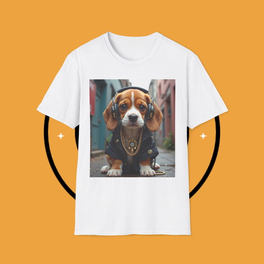 Hip Hop Beagle Dog T-Shirt - Cool Puppy with Headphones & Gold Chains Graphic Tee