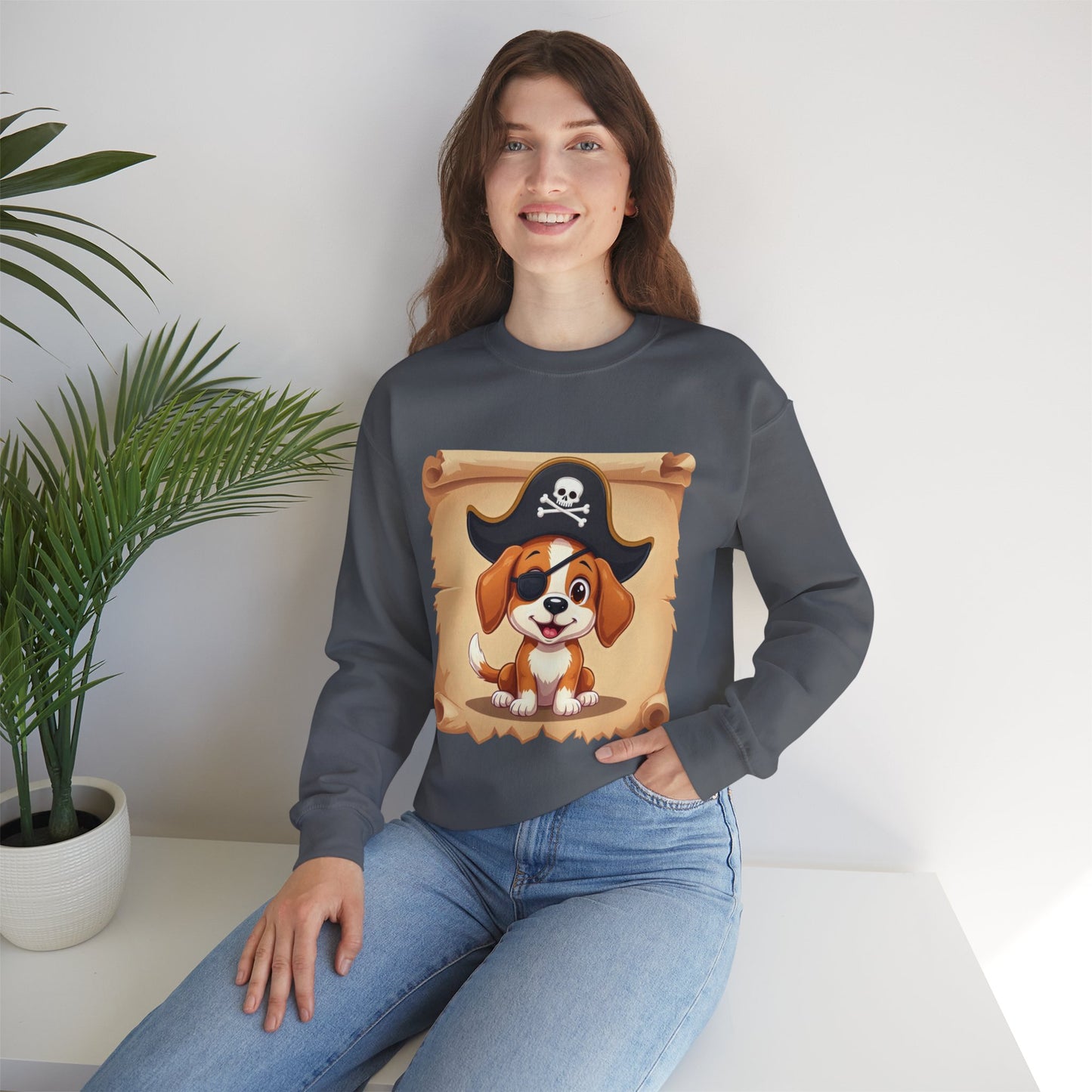 Pirate Dog Crewneck Sweatshirt - Buccaneer Beagle Design with Patch and Hat