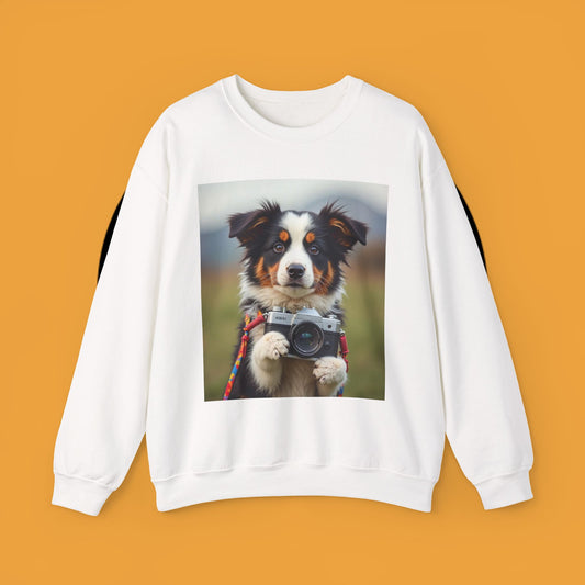 Photographer Dog Crewneck Sweatshirt - Cute Puppy with Vintage Camera Design | Photography Lover Gift