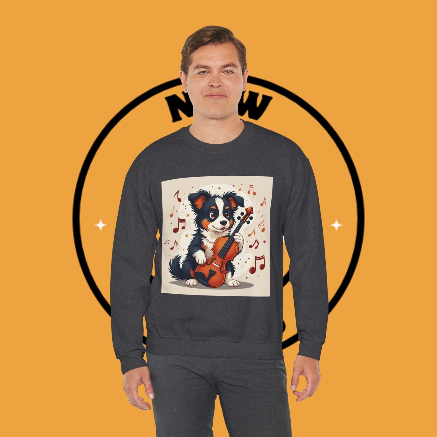 Music Dog Crewneck Sweatshirt - Cute Puppy Violinist with Musical Notes Design | Musician Gift