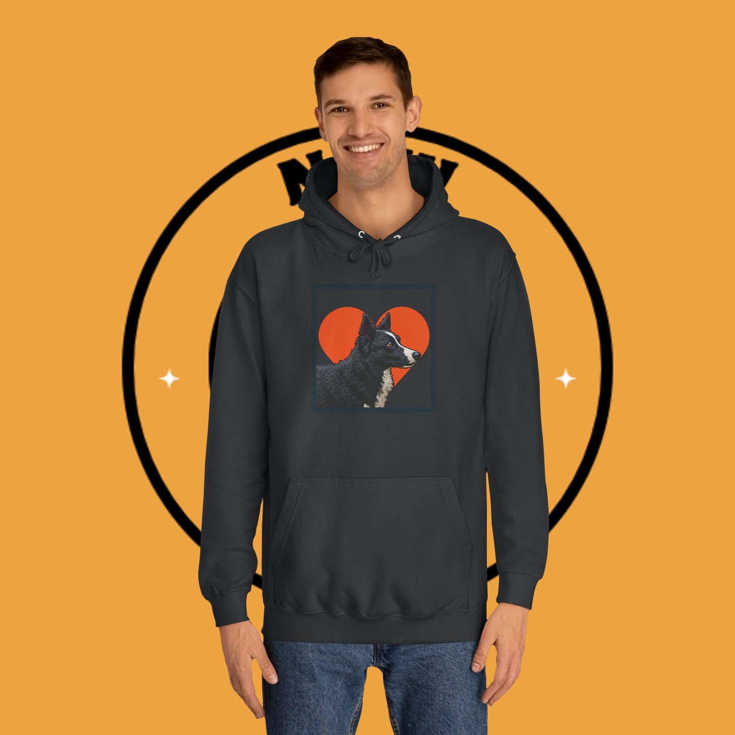 "Black & White Border Collie Portrait Hoodie - Bold Red Heart Background Dog Lover Sweatshirt | Premium Art Design"