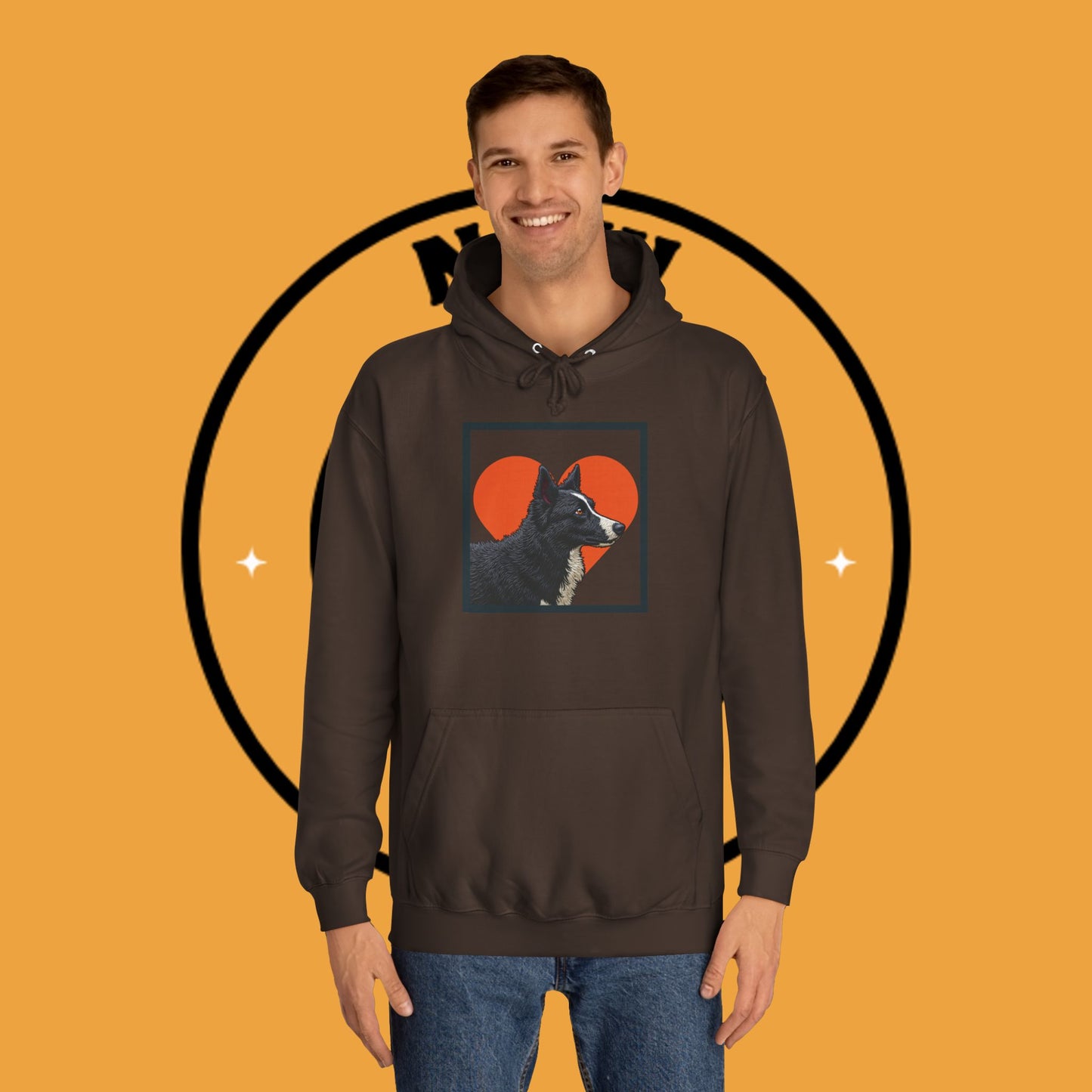 "Black & White Border Collie Portrait Hoodie - Bold Red Heart Background Dog Lover Sweatshirt | Premium Art Design"