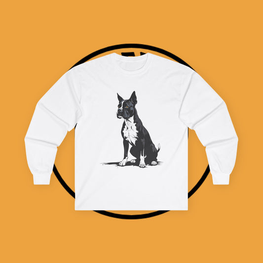 Boxer Dog Portrait Long Sleeve T-Shirt - Classic Black & White Breed Art Design