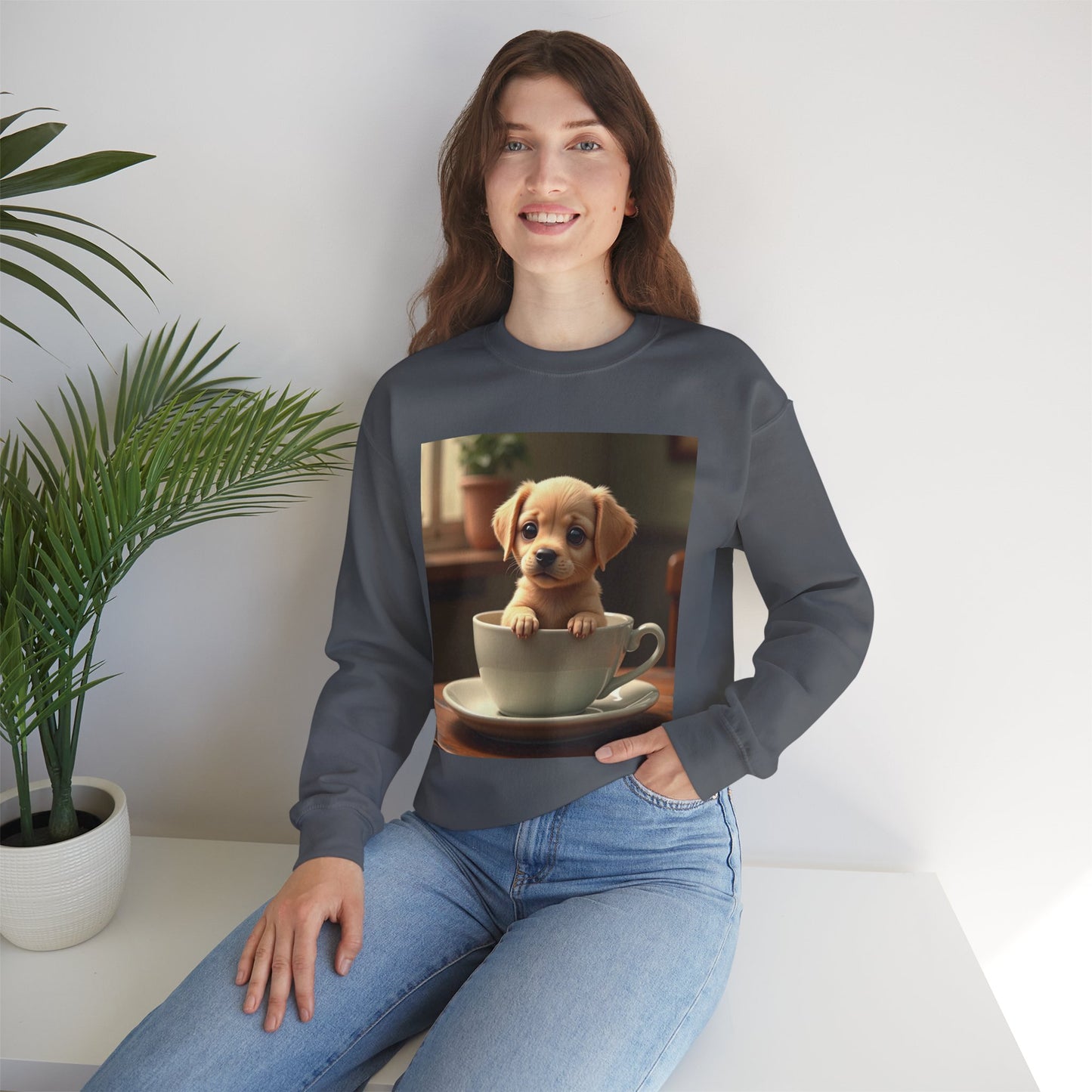 Unisex Dog Lover Crewneck Sweatshirt - Teacup Puppy: Adorable Yellow Lab in Coffee Cup