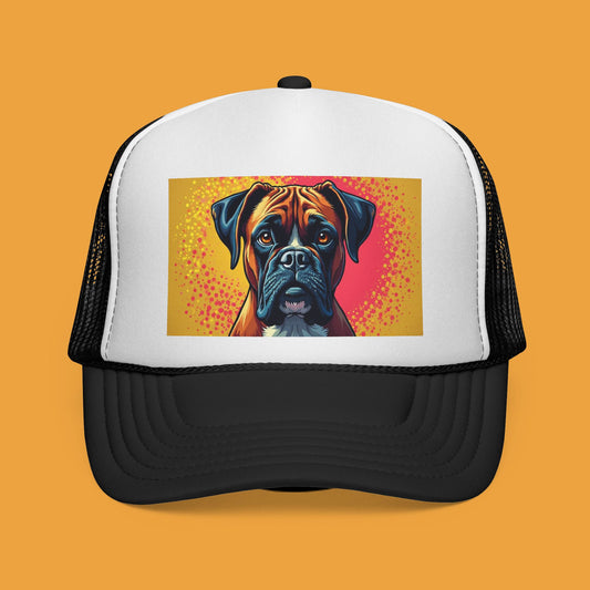 "Pop Art Boxer Dog Trucker Cap - Vibrant Colorful Design | Artistic Snapback Hat | Retro Street Style Baseball Cap for Dog Lovers"