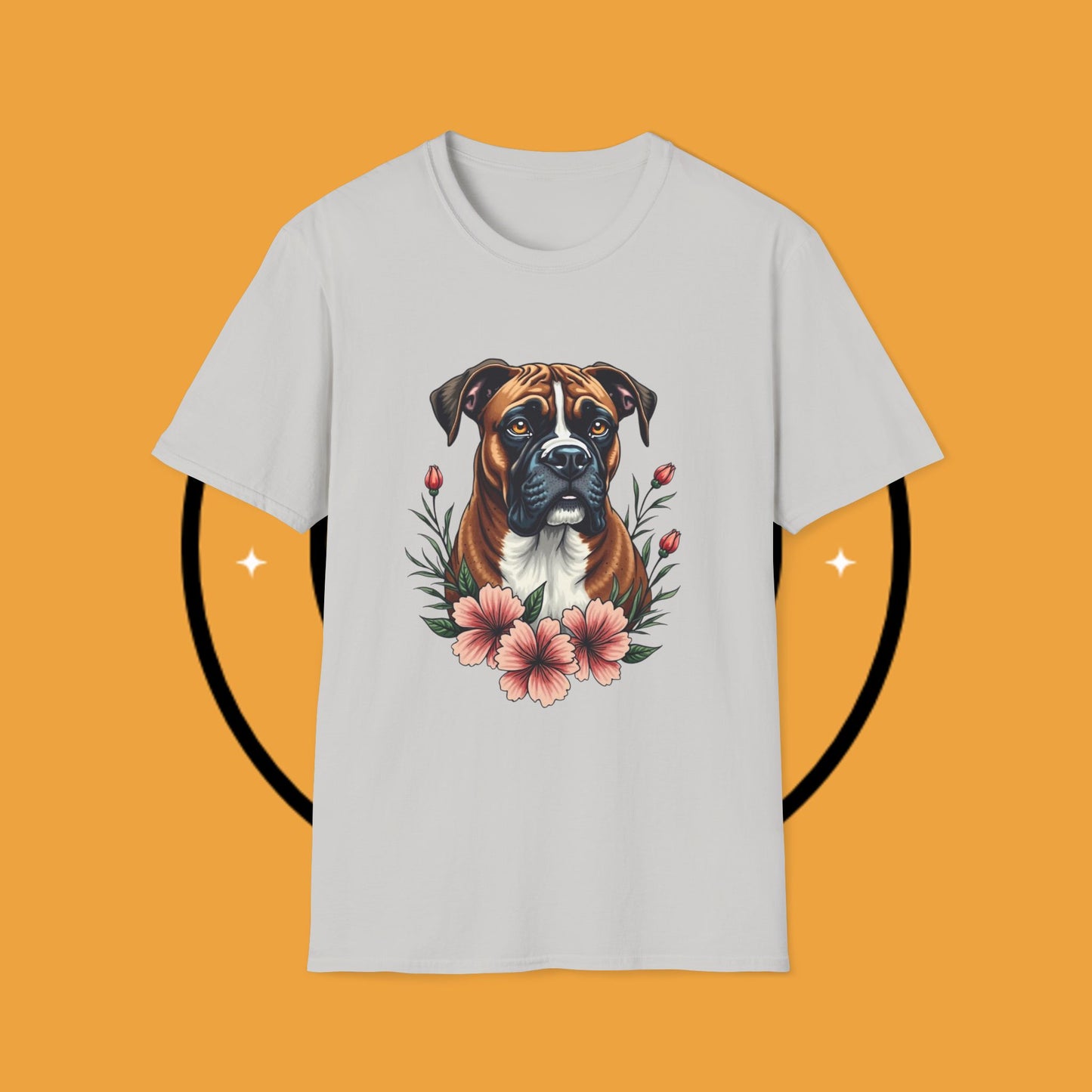 Boxer Dog Floral Portrait T-Shirt - Elegant Botanical Art Design Tee for Dog Lovers