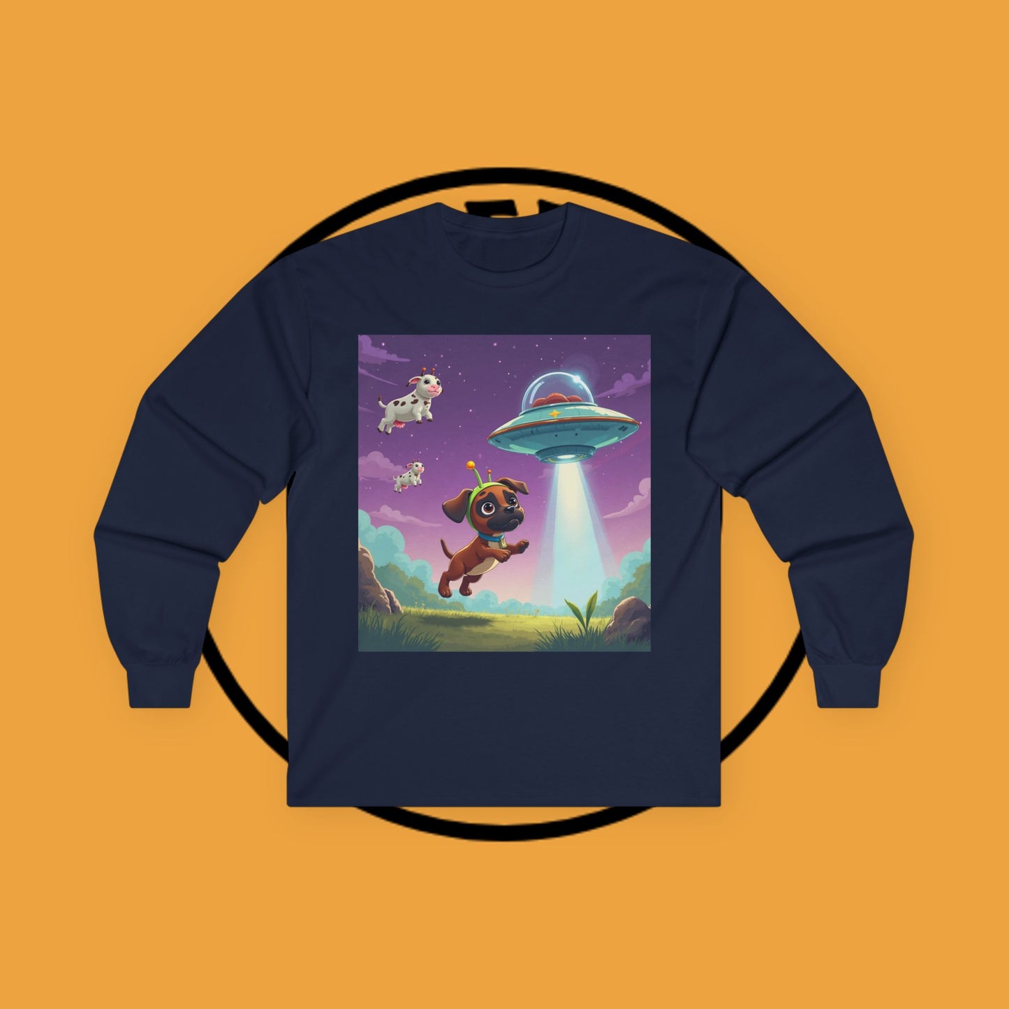 Cute Alien UFO Puppy & Flying Cow Long Sleeve Tee - Whimsical Space Adventure Shirt