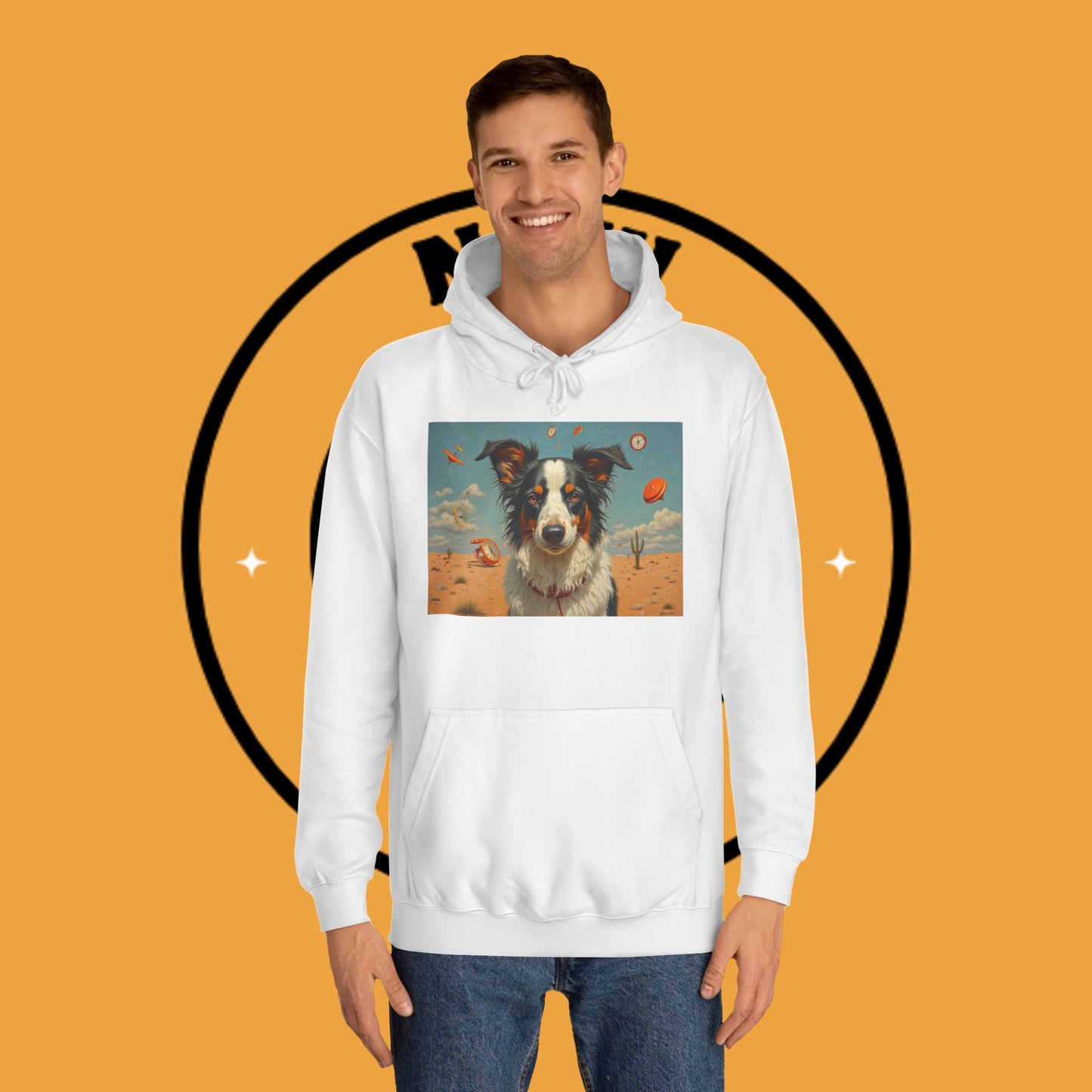 "Surreal Border Collie Time Desert Hoodie - Flying Clocks Artistic Dog Sweatshirt | Dreamlike Fantasy Design"