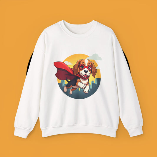 Superhero Dog Crewneck Sweatshirt - Flying Beagle Design with Red Cape and Mask